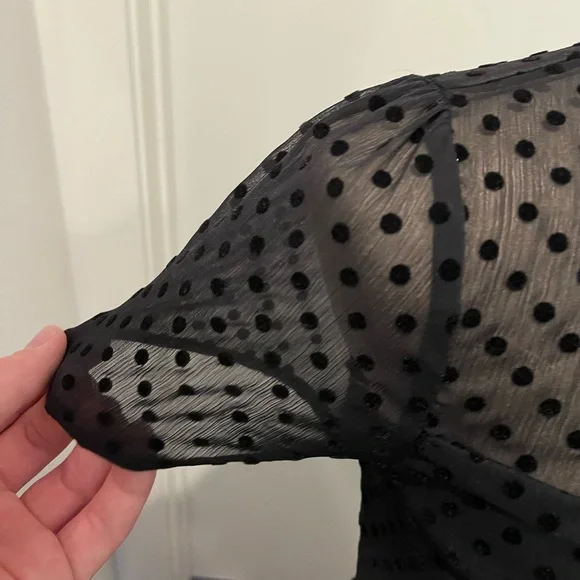 ZARA Black Flocked Swiss Dot Shirt Sleeve Flowy Midi Dress - Picture 6 of 14